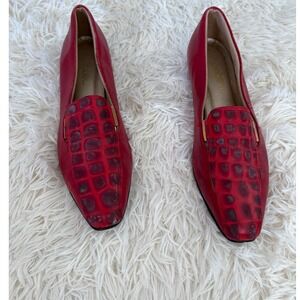 Red Leather Loafers Women's Croc Embossed Square Toe Slip On Dress Shoes